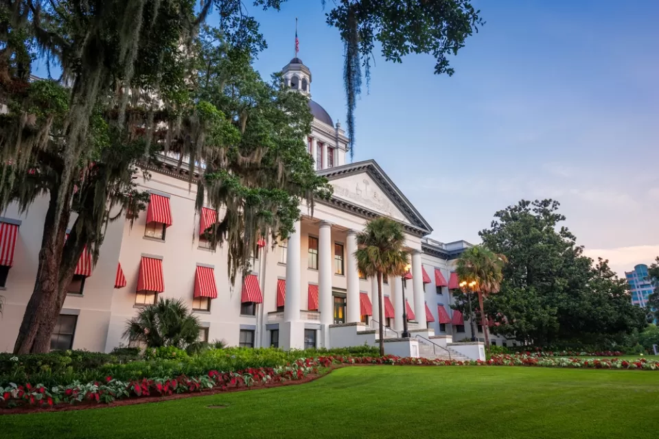The buildings of the Florida State Capitol, old and new, are visible across a lawn in front of the old building.